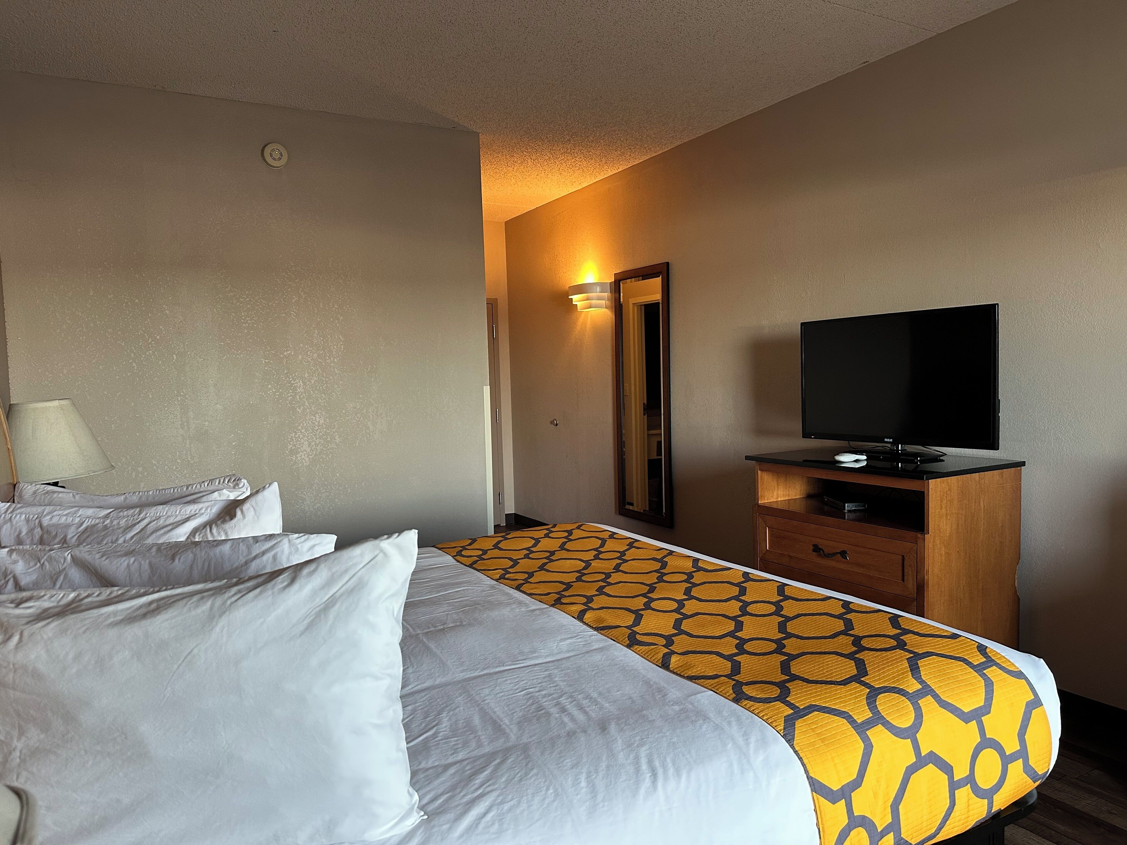 A hotel room with a bed, a TV, a lamp, and a mirror.