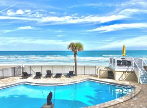 Outdoor pool, pool umbrellas, pool loungers