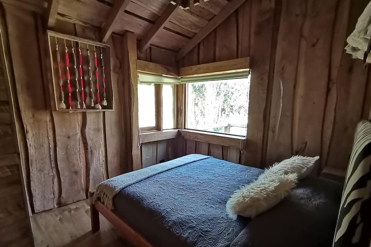 A wooden cabin room with a bed, a window, and a wall-mounted rack with items.