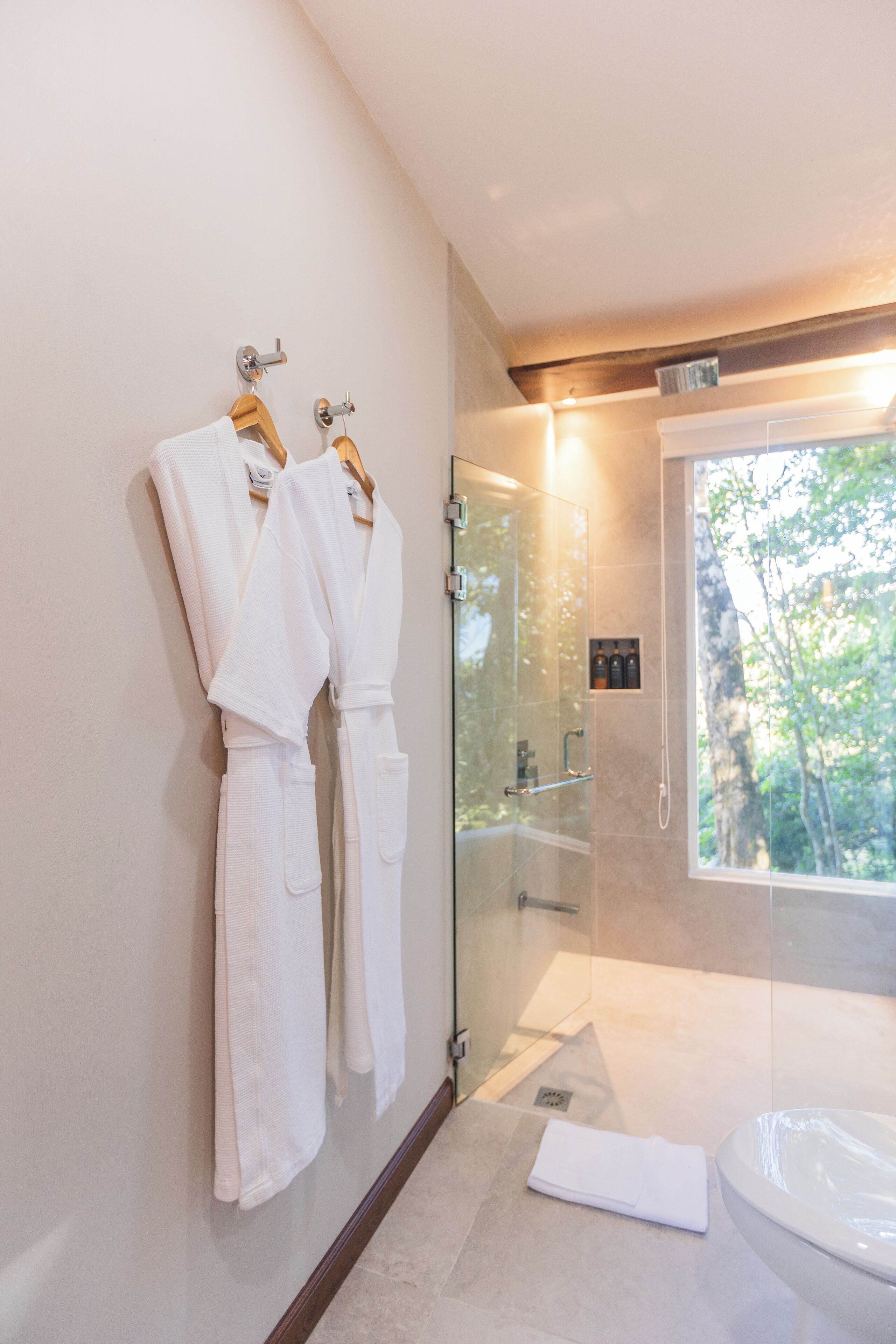 A modern bathroom with a glass shower enclosure, a large window with a view of trees, and two white robes hanging on a wooden rack.
