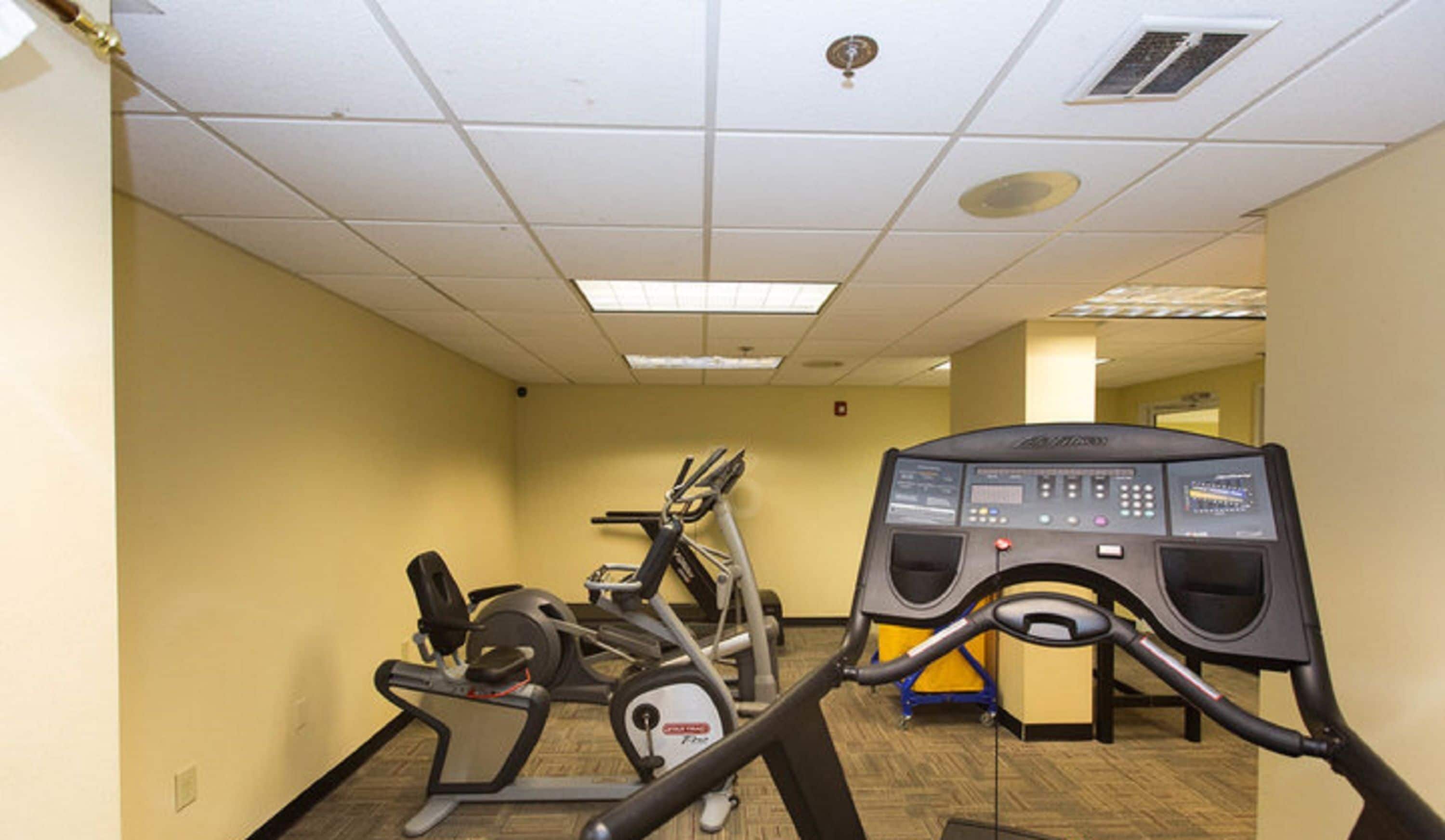 Une salle de sport équipée de tapis de course et d’appareils de musculation elliptique.
