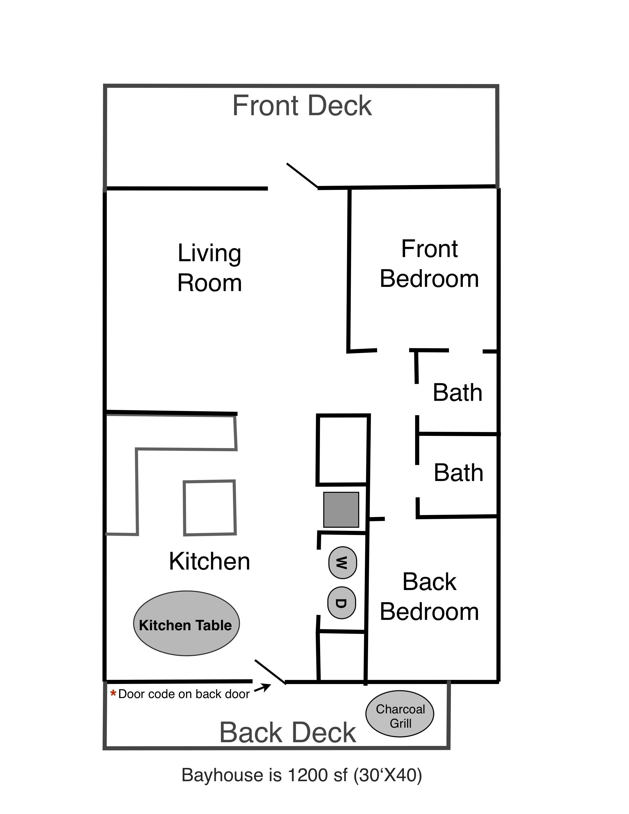 Plan d’étage d’une maison de 111 mètres carrés comprenant un salon, deux chambres à coucher à l’avant, deux salles de bain, une cuisine et une terrasse à l’arrière avec un barbecue au charbon de bois.
