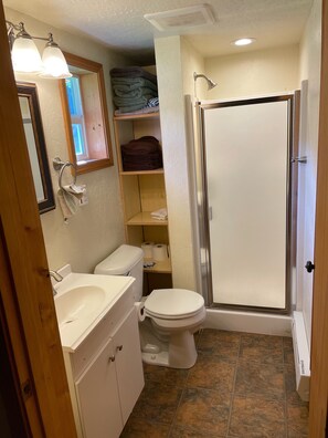 Regadera, jabón, papel de baño 