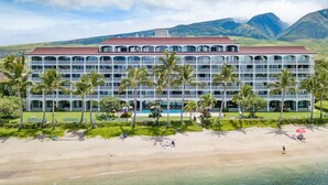 Un gran hotel resort con múltiples balcones, piscina y una zona de playa con palmeras.