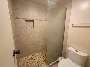 Shower, hair dryer, towels, soap
