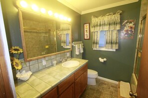 Combined shower/bathtub, jetted bath, hair dryer, towels