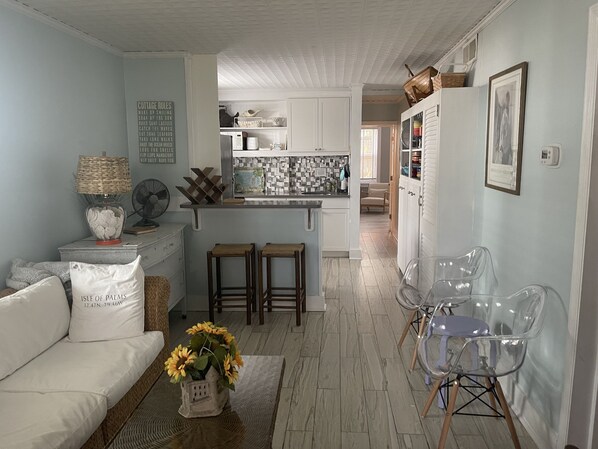 Smart TV, fireplace, DVD player, books