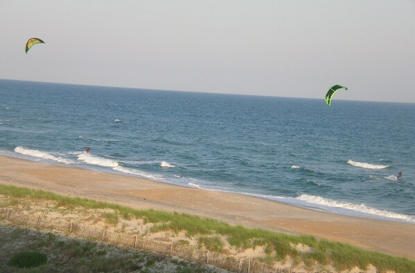 On the beach, sun loungers