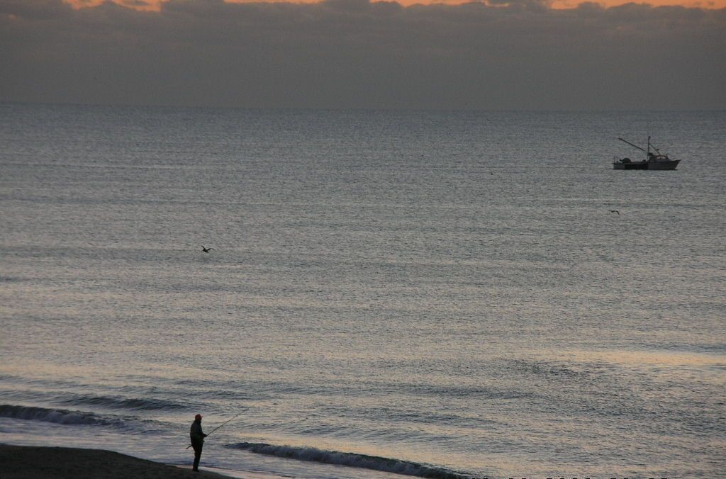 Une personne est en train de pêcher en mer, avec un bateau visible au loin.