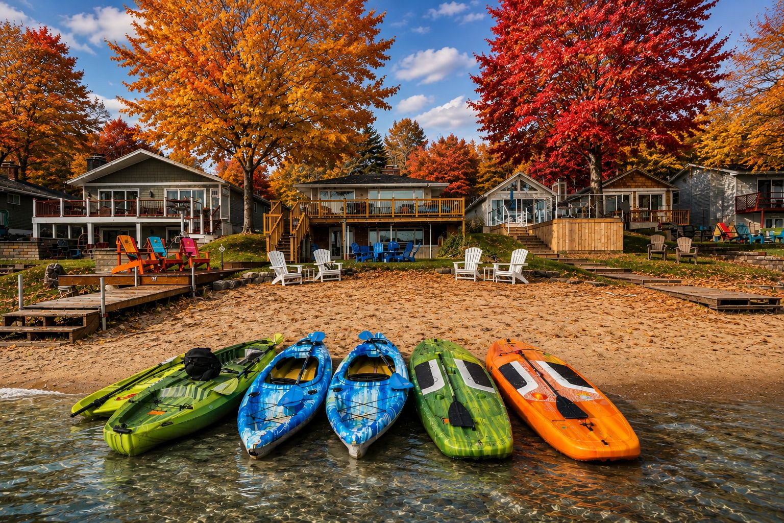 A waterfront property with kayaks lined up, a dock, and a building with outdoor seating.