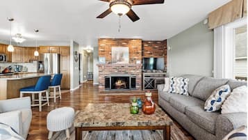 Smart TV, fireplace, video games, DVD player