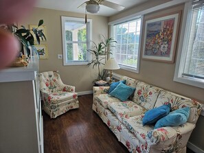 Smart TV, fireplace, DVD player, books
