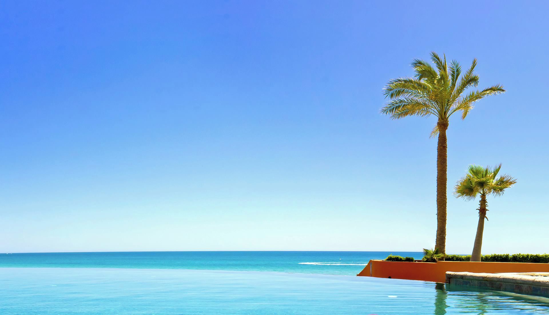 Un ciel d’un bleu éclatant, une mer calme et une piscine bordée de palmiers.