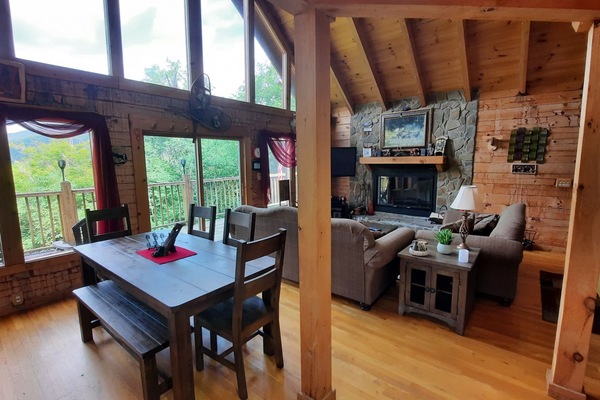 Flatskjerm-TV, peis, DVD-spiller og bøker