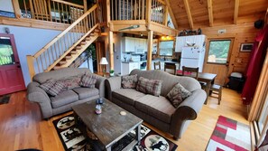 Flat-screen TV, fireplace, DVD player, books