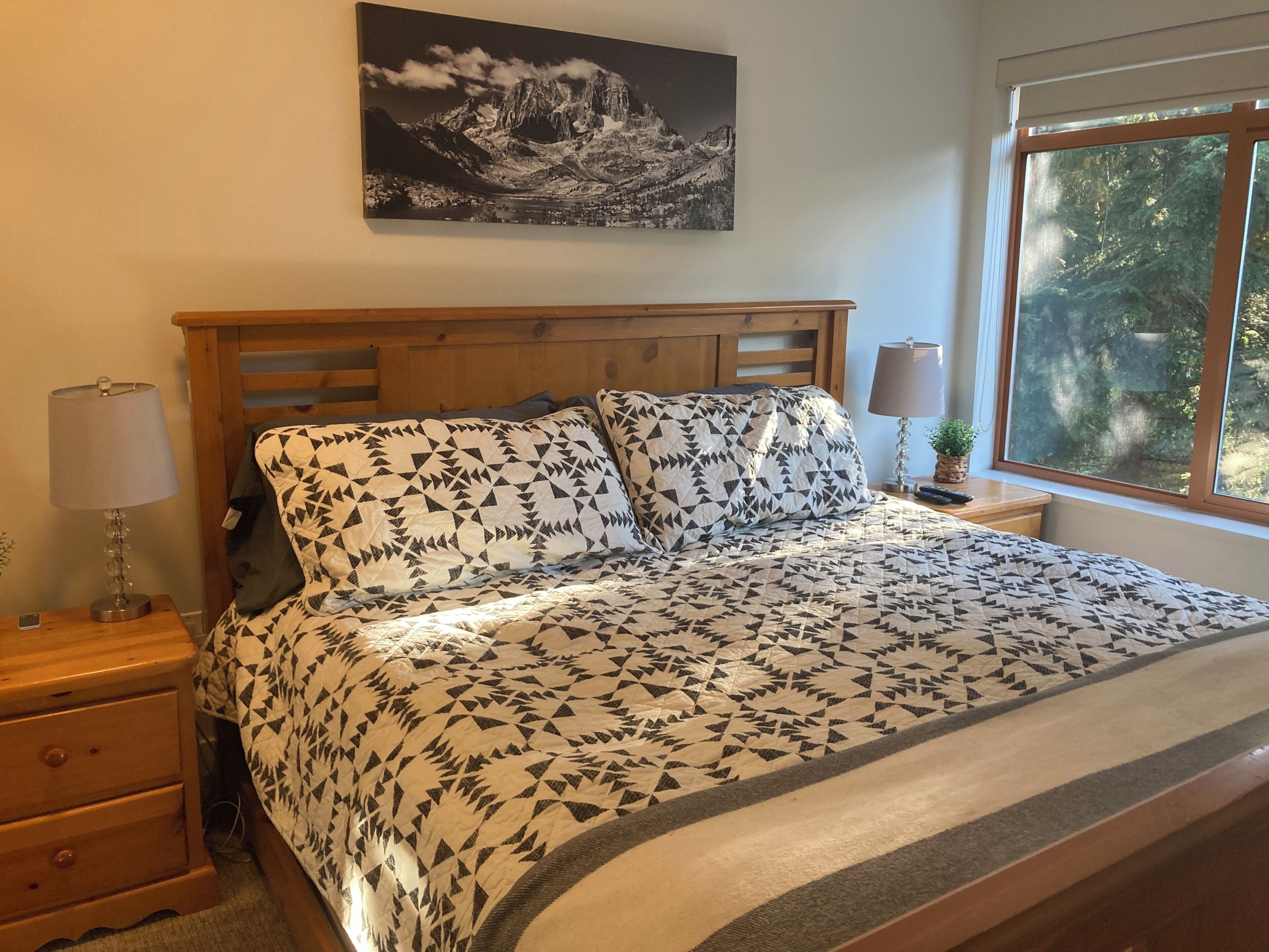 Une chambre à coucher avec une tête de lit en bois, une couvre-lit à motifs, une table de chevet avec une lampe et une fenêtre donnant sur des arbres.