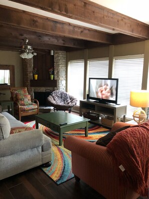 TV, fireplace, DVD player, books