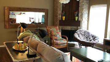 Télévision, cheminée, lecteur de DVD, livres