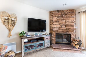 Flat-screen TV, fireplace, video game console, DVD player