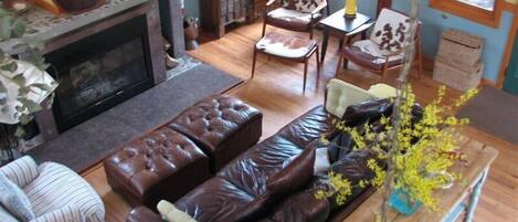 Smart TV, fireplace, DVD player, books