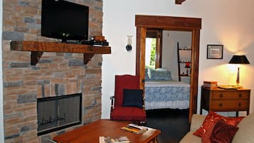 Smart TV, fireplace, DVD player, books