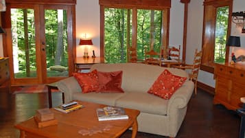 Smart TV, fireplace, DVD player, books