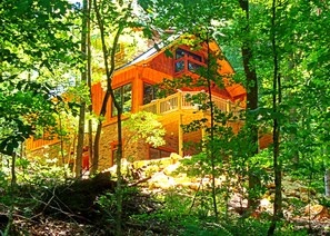 Eine Holzhütte, umgeben von Bäumen.
