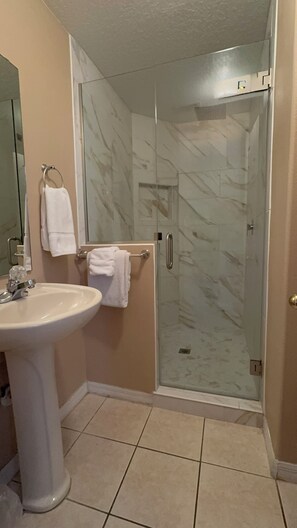 Combined shower/tub, hair dryer, towels