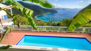 A swimming pool with a view of a coastal area, surrounded by lush greenery and mountains.