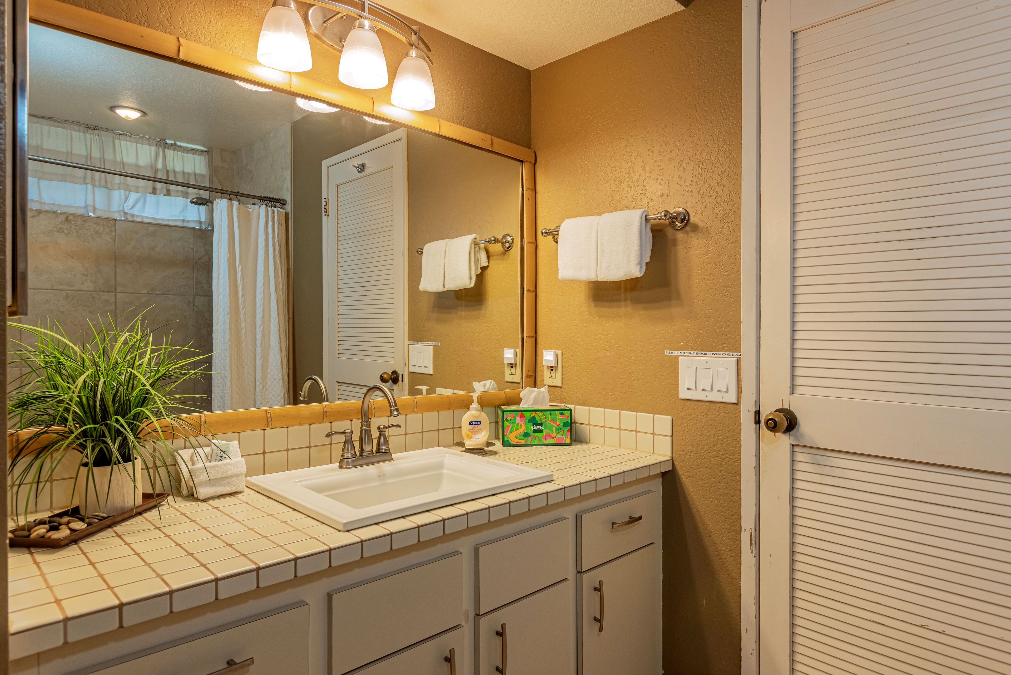A bathroom with a sink, mirror, towel rack, and a potted plant.