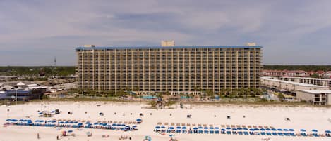 On the beach, sun loungers