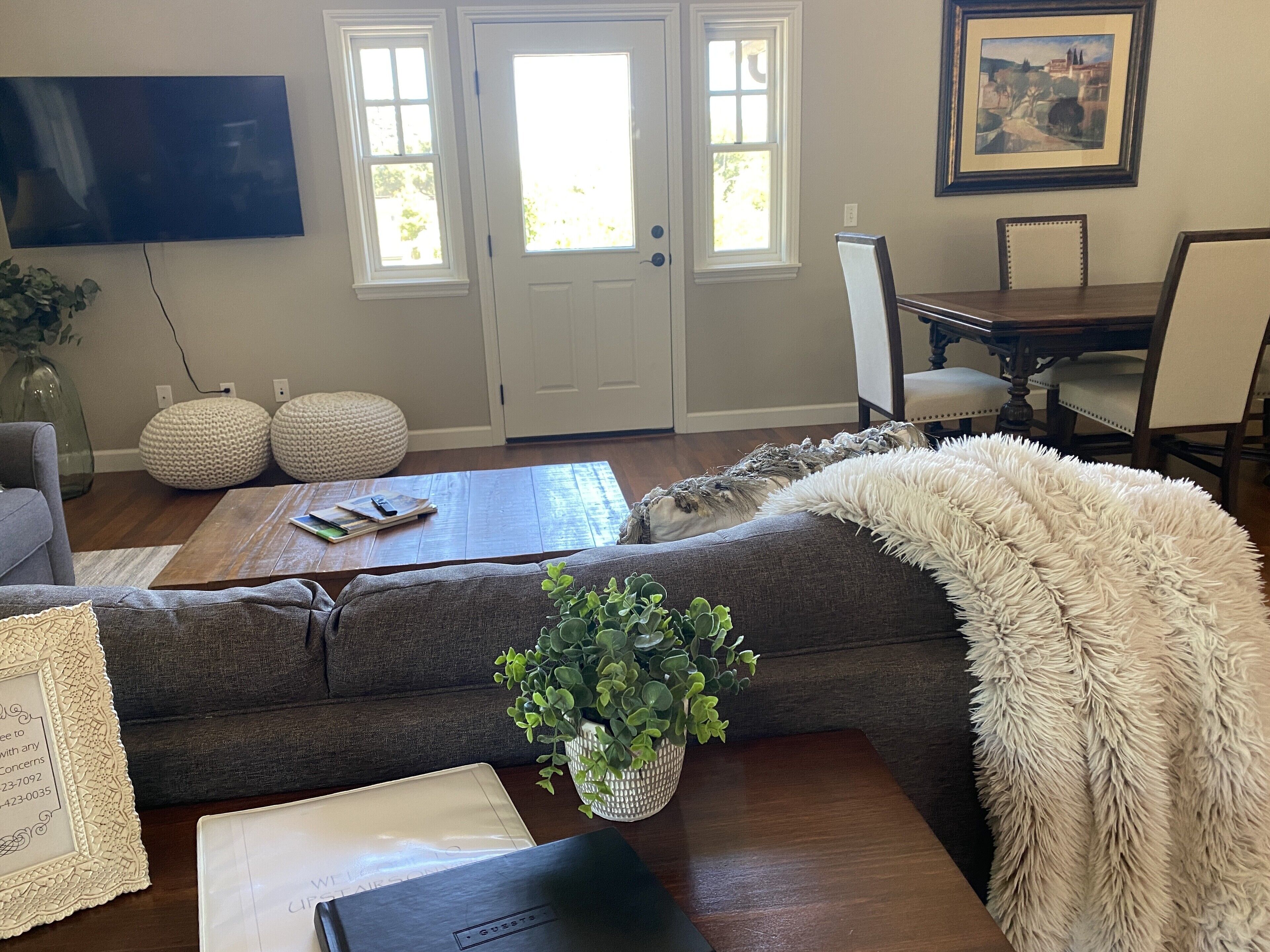 A living room with a gray sofa, a wooden coffee table, a potted plant, and a framed picture on the wall.