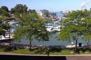 Uma marina com barcos atracados, cercada por árvores e um edifício ao fundo.