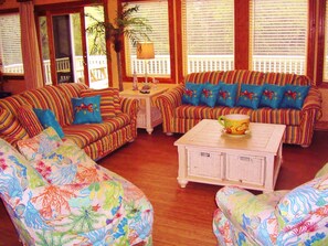 Smart TV, fireplace, music library, video library