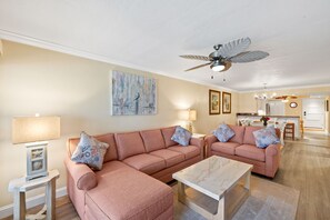 Smart-tv, dvd-spelare, böcker och ett filmbibliotek