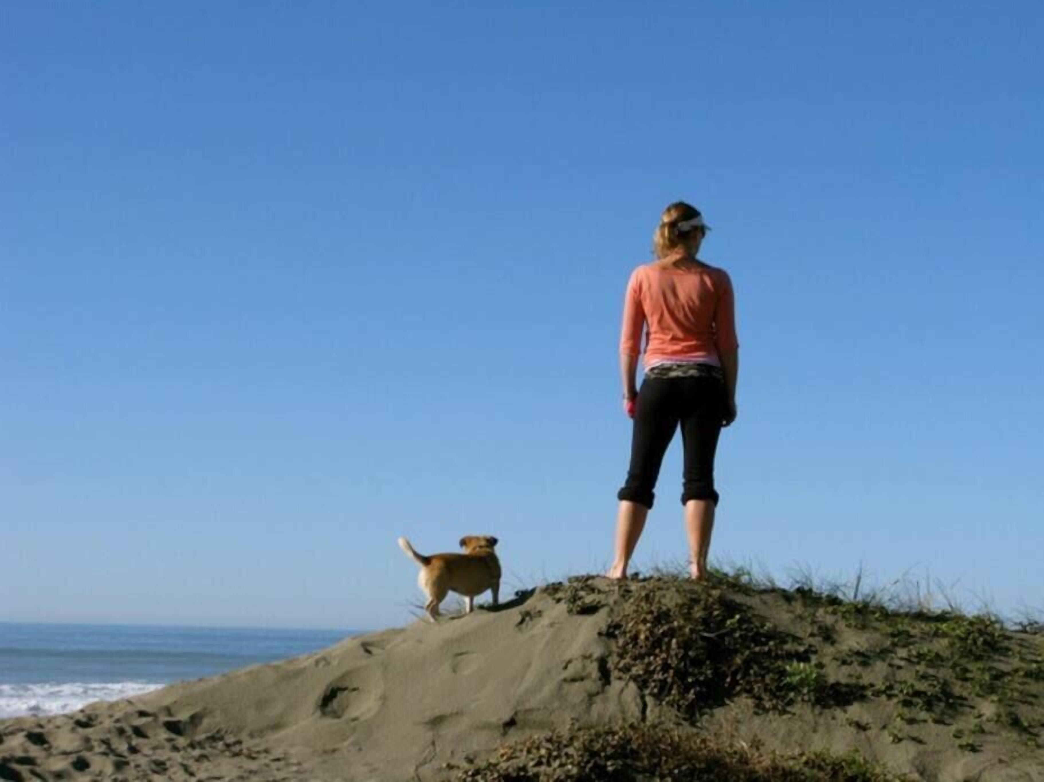 En person står på en sandbakke med udsigt over havet.