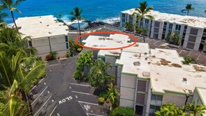 A hotel with a rooftop pool overlooking the ocean, surrounded by palm trees and a parking lot.