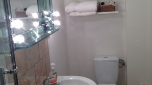 A bathroom with a sink, mirror, and toilet. There are shelves with toiletries and towels. - Charming home in Champagne Vineyards Near sezanne (Broyes)