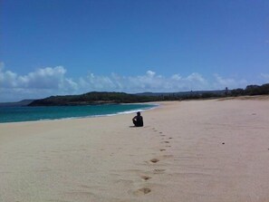 On the beach, sun loungers, beach towels