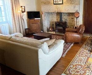 Smart TV, chimenea, reproductor de DVD, libros