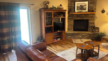 TV, fireplace, DVD player, books