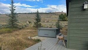Una terraza de madera que conduce a un edificio verde con un jacuzzi, rodeado por un campo cubierto de césped y árboles.
