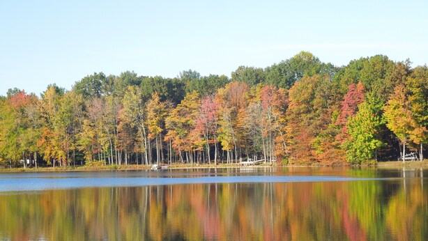 Un lac paisible où se reflètent les arbres aux couleurs automnales.