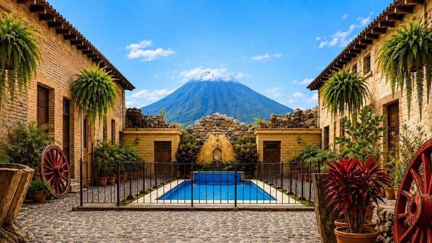 A courtyard with a pool, stone flooring, and a mountain in the background. - Unique Central & Beautiful home (views to die for from Balcony!) (Antigua Guatemala)