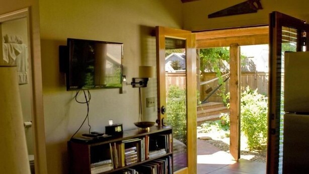 Een gezellige woonkamer met een houten plafond, een boekenkast, een televisie en een deur naar een tuin.