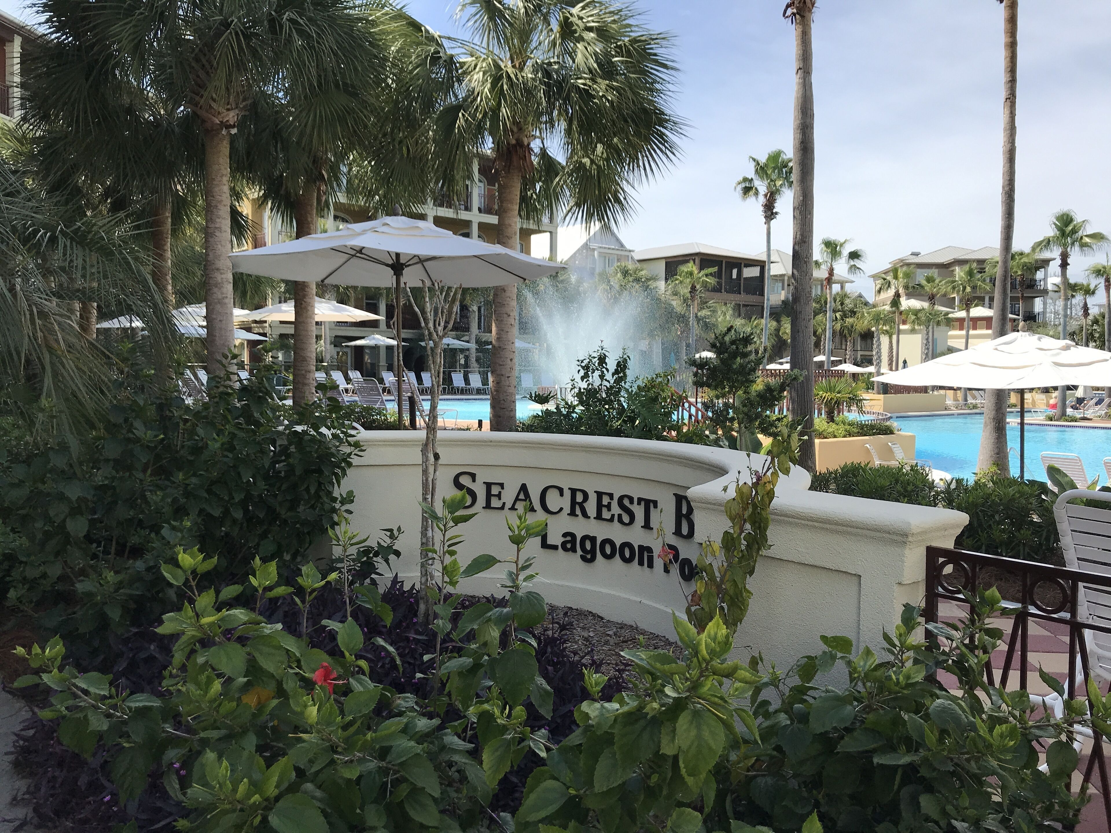 Un resort Seacrest B Lagoon con piscina, palmeras y sillones de descanso.