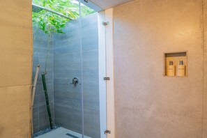Combined shower/tub, hair dryer, towels, soap