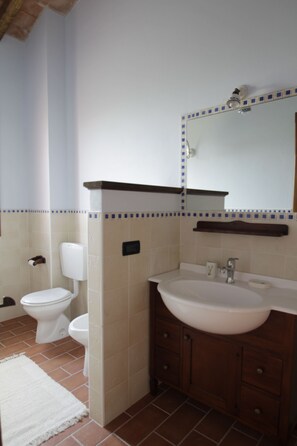 Ein Badezimmer mit einem weißen Waschbecken, einem Spiegel und einer Toilette.