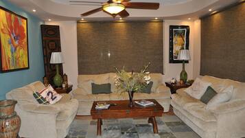 Smart TV, DVD player, books, music library