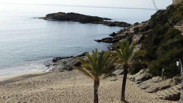 A beach with rocky terrain and palm trees. - Magnificent house in Roses with pool and tennis. In Puigrom area of ​​Roses (Roses)